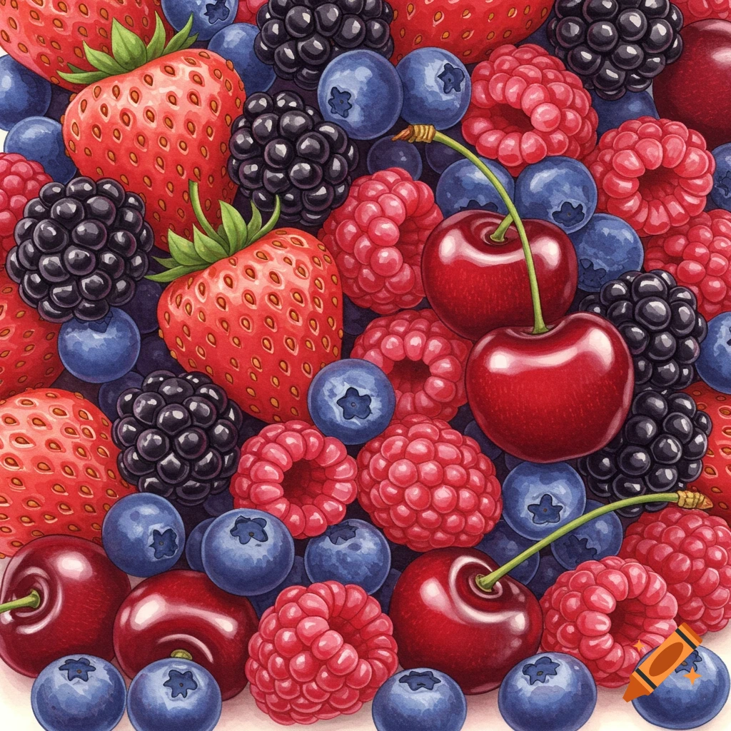 An illustration of a pile of strawberries, blueberries, blackberries, raspberries, and cherries.