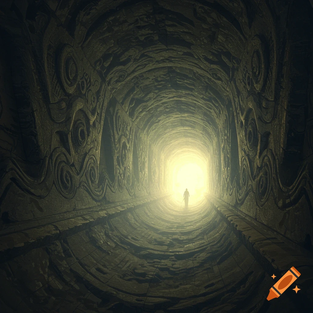 A person walks towards a bright light at the end of a dark, ornate tunnel.