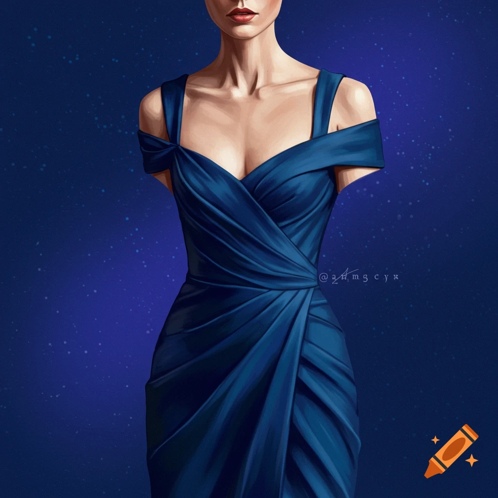 A person in a draped blue dress stands against a starry background.