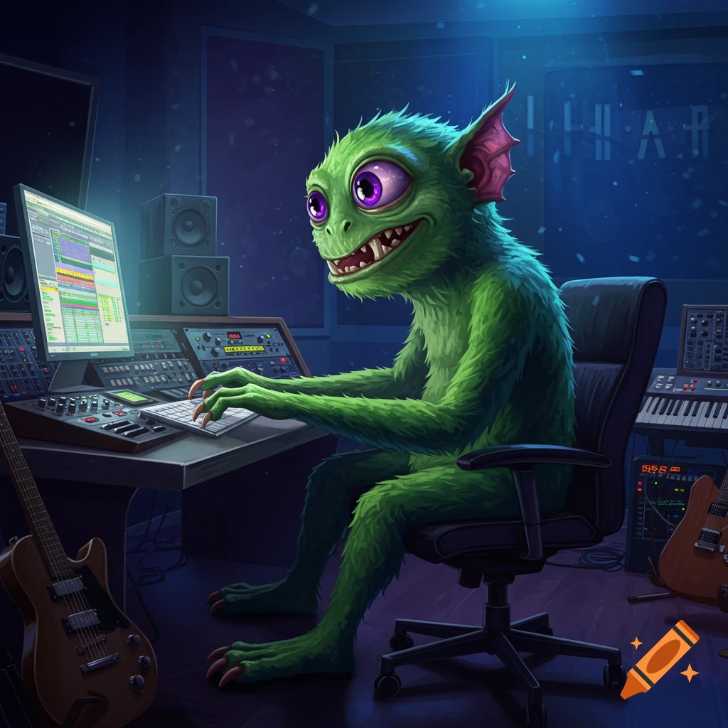 Green monster using a computer and mixing board in a music studio.
