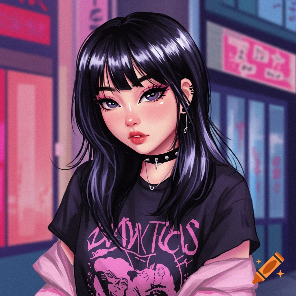 Anime portrait of a young woman with black hair, purple eyes, and a black graphic t-shirt.
