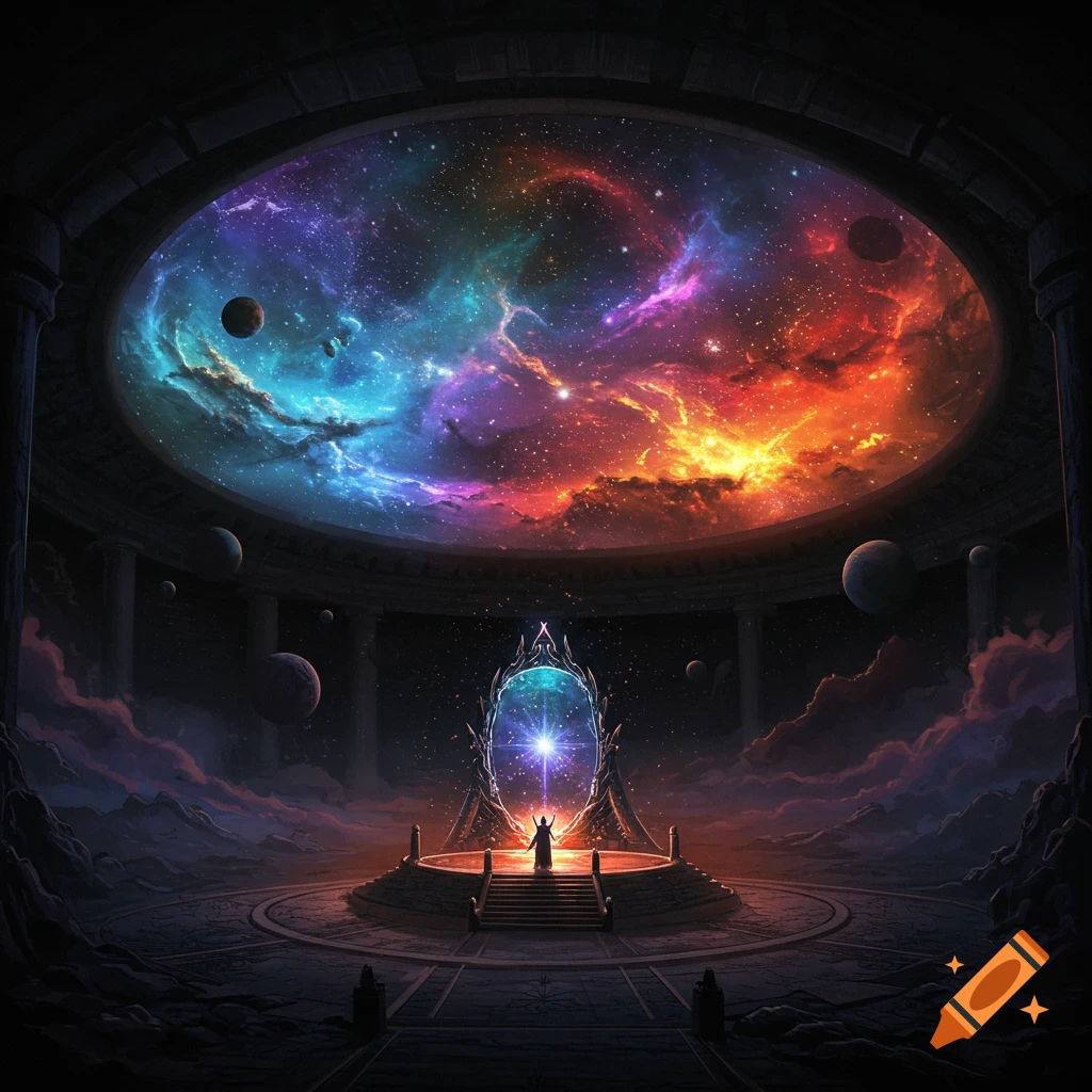 A figure stands before a glowing portal in a grand chamber with a ceiling depicting a vibrant space nebula and planets. Digital art.