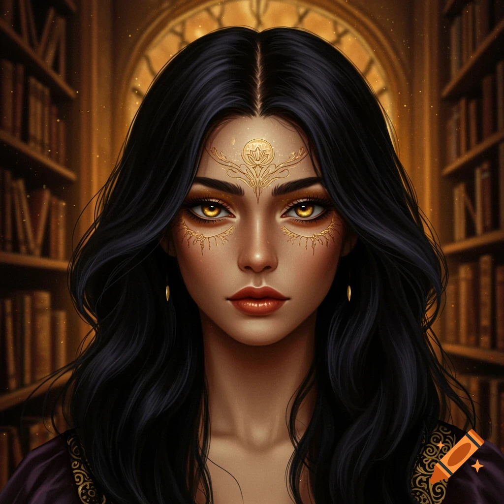 A woman with gold eyes and face markings, long black hair, in a library setting.