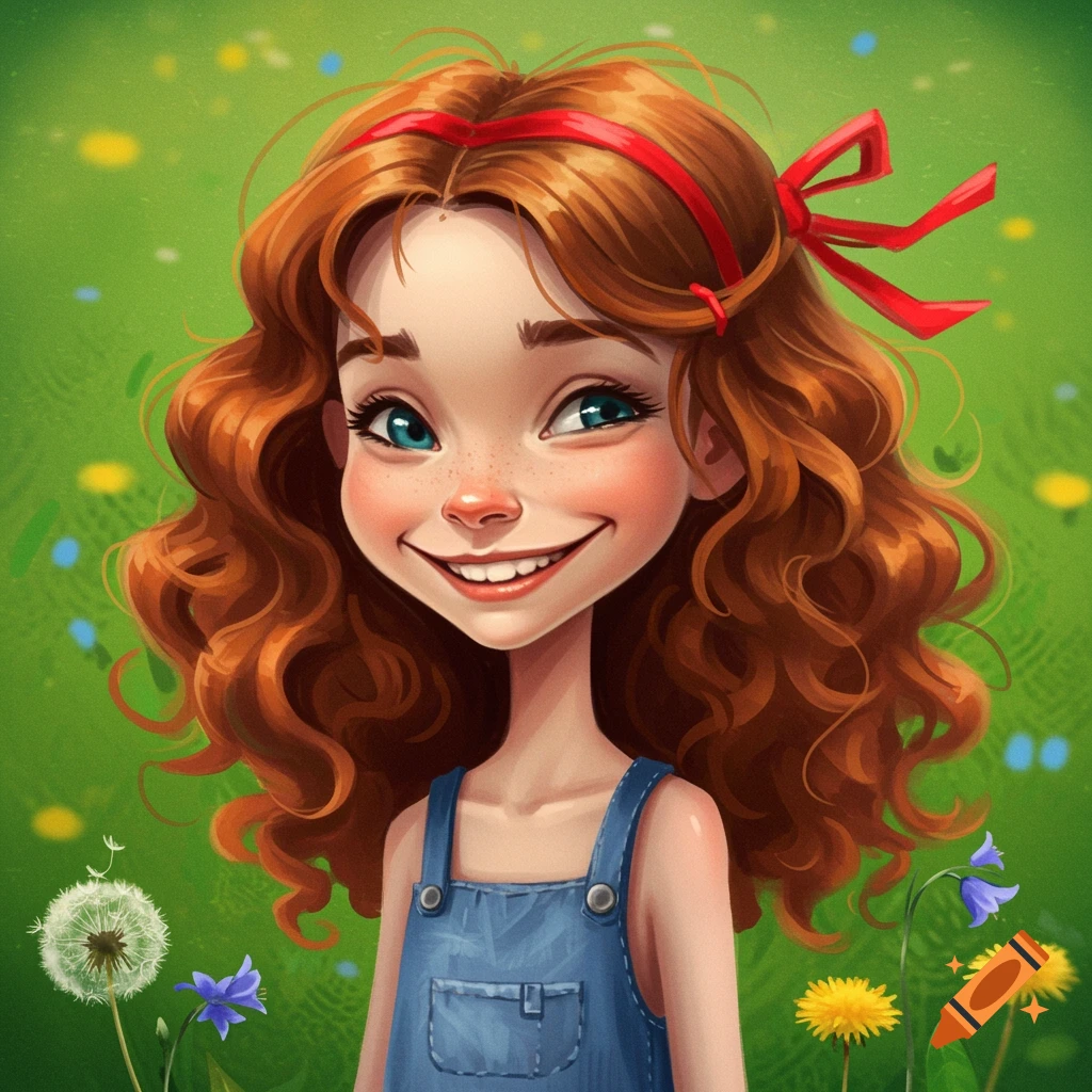 A whimsical image of a young girl with red hair and freckles smiling in a meadow.