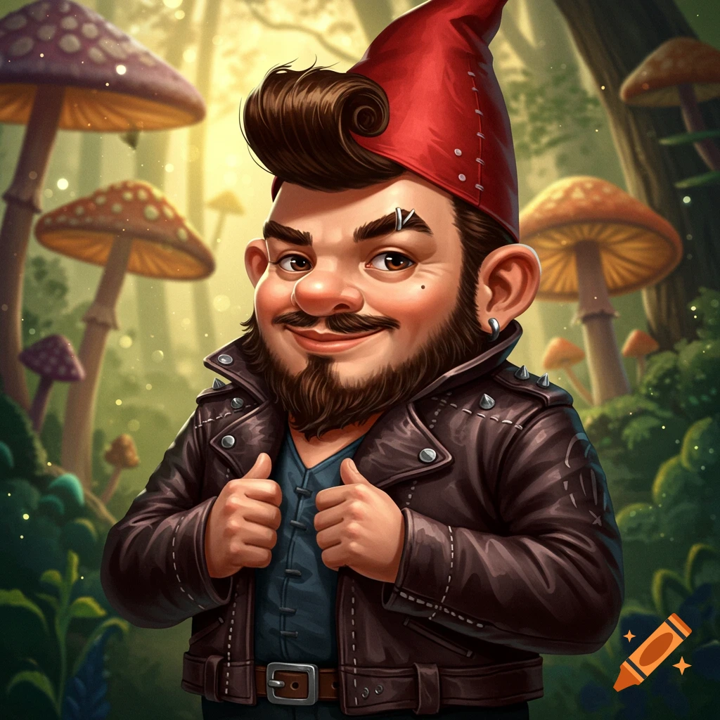 A gnome wearing a leather biker jacket and a pompadour hairstyle in a forest.