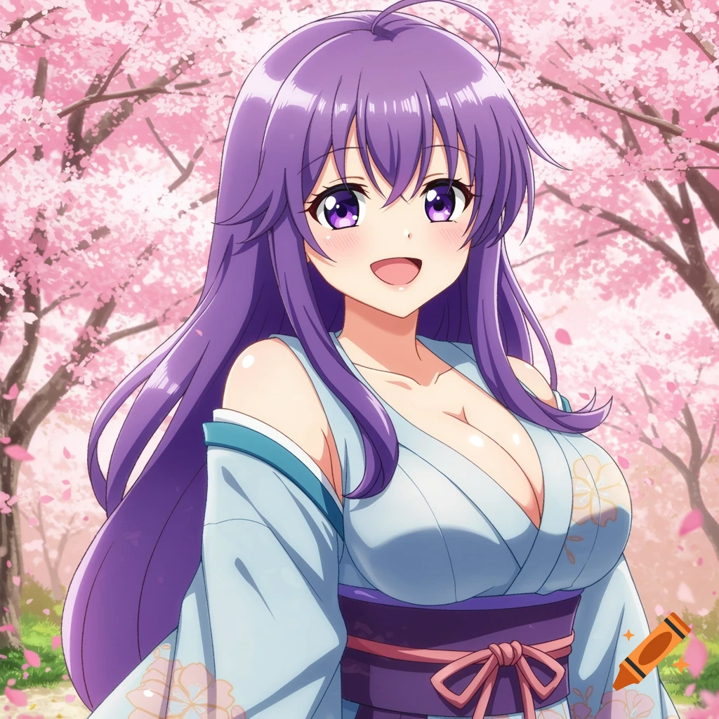 An anime woman with purple hair in a kimono stands under cherry blossoms.