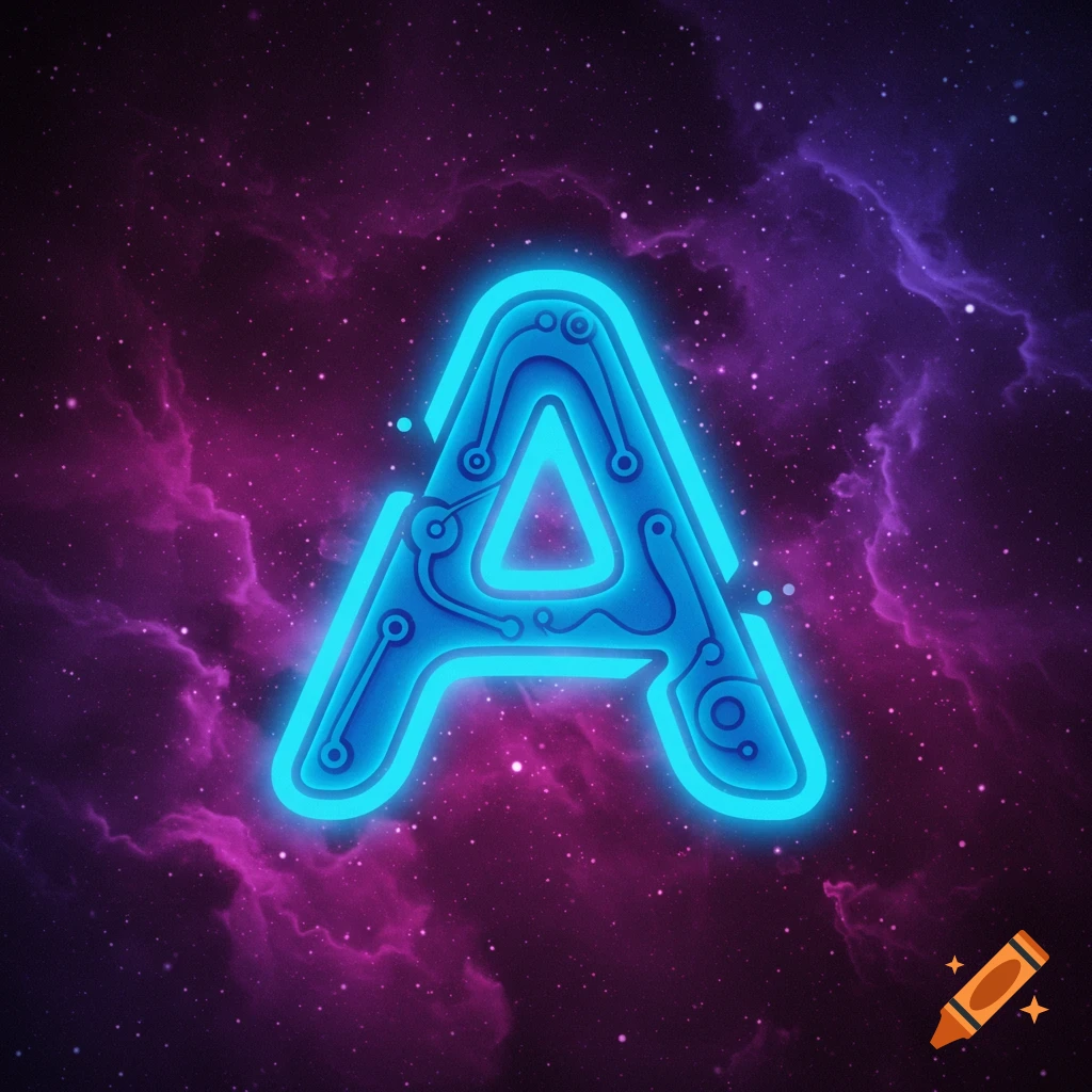 A glowing blue circuit-patterned letter A is centered in a starry purple and pink galaxy.