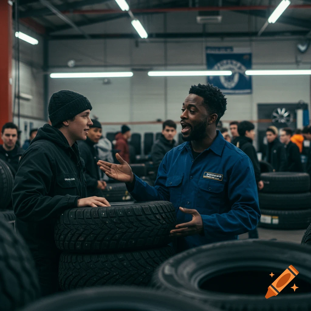 Two men talk among stacks of tires in a warehouse.
