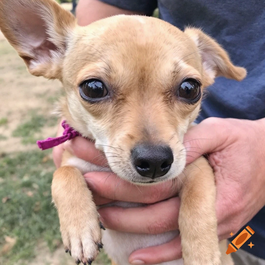 Close-up of a small brown Chihuahua dog with large eyes being held by hands.