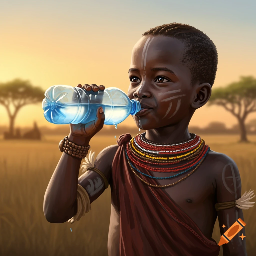 A young African boy in traditional attire is drinking from a plastic water bottle in a savanna landscape.