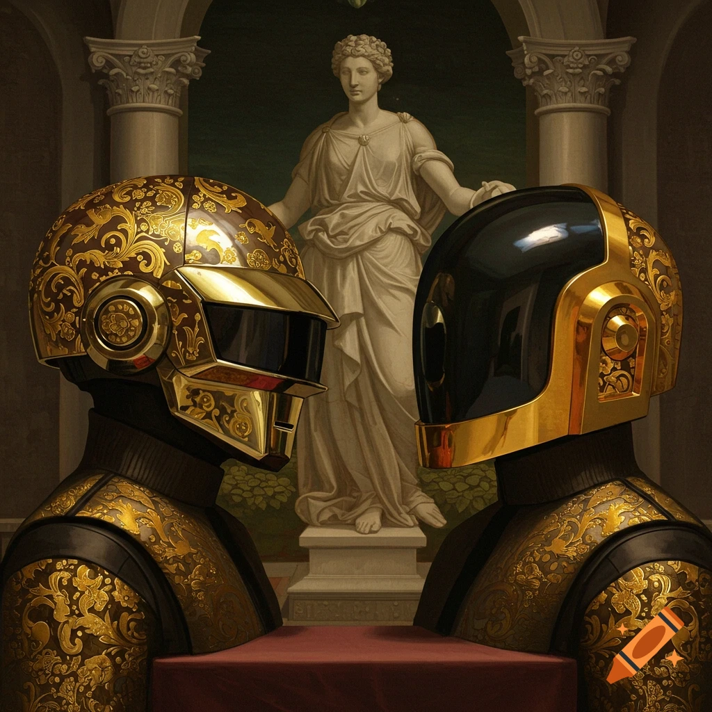 Two figures in gold Daft Punk helmets with ornate patterns, facing each other in a renaissance-style room with a statue.