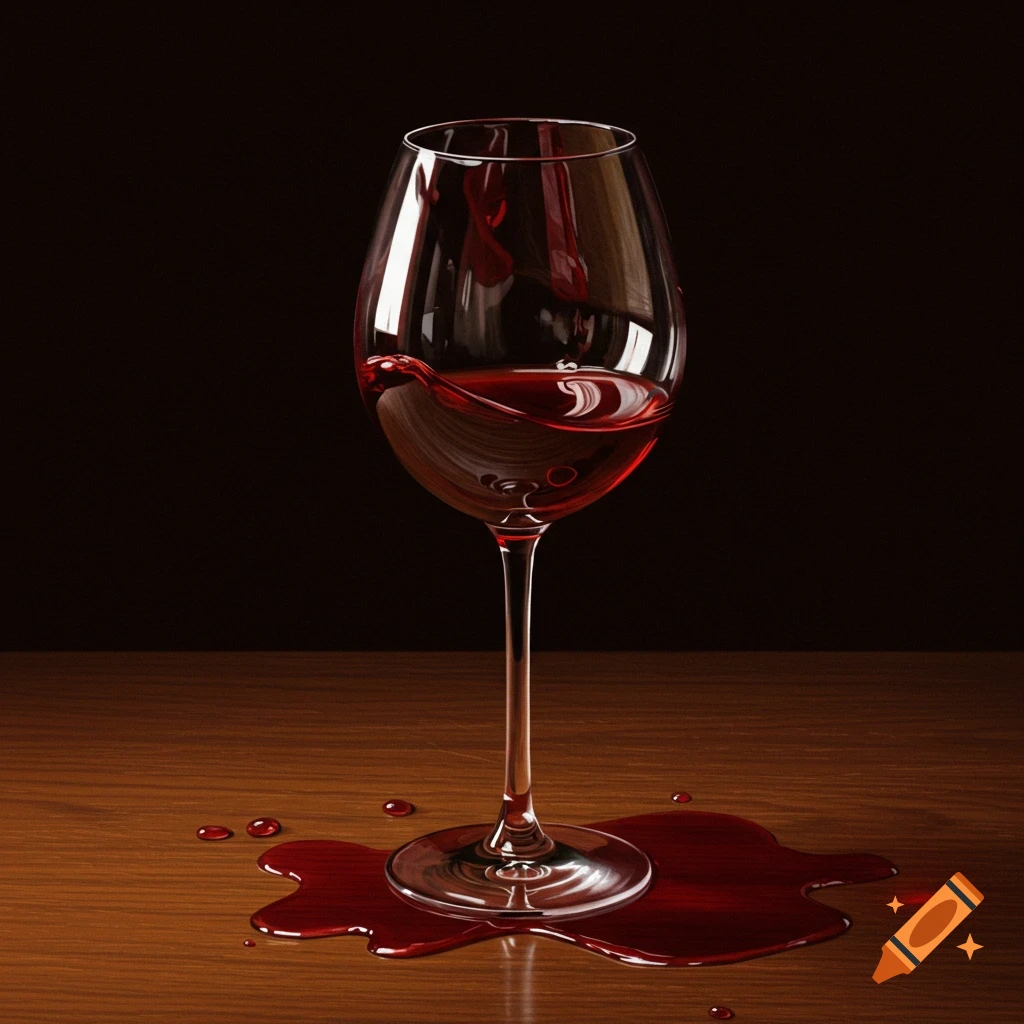 A glass of red wine overflowing and spilling onto a wooden table.