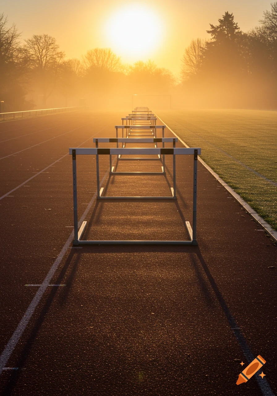 Hurdles lined up on an outdoor track bathed in warm sunrise light
