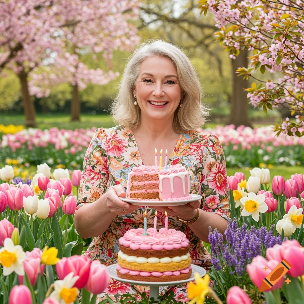 Woman holds birthday cakes in a vibrant spring garden filled with flowers.