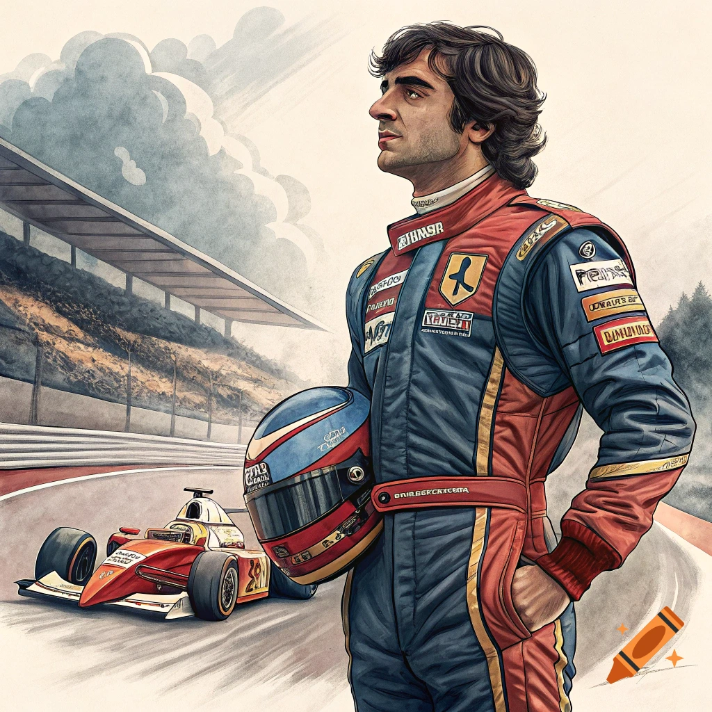A watercolor illustration of a racing driver holding a helmet next to a formula car on a track.