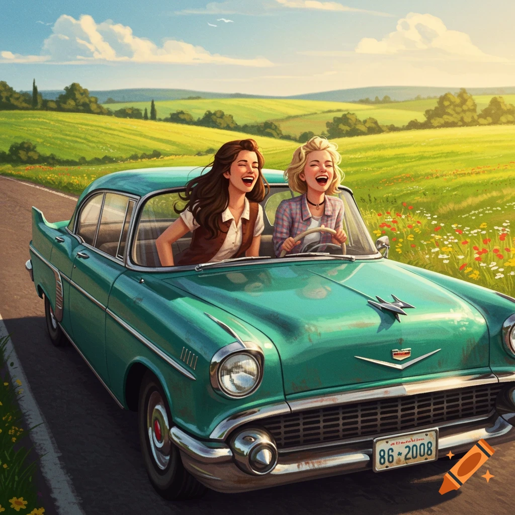 Two women laugh while driving a vintage teal car down a sunny countryside road with green fields and wildflowers.