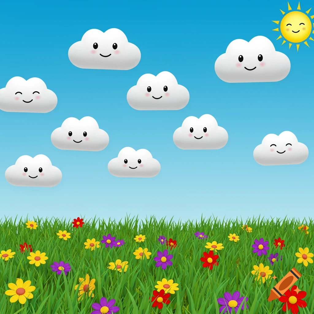 Cartoon scene with smiling clouds and sun over a field of grass and colorful flowers