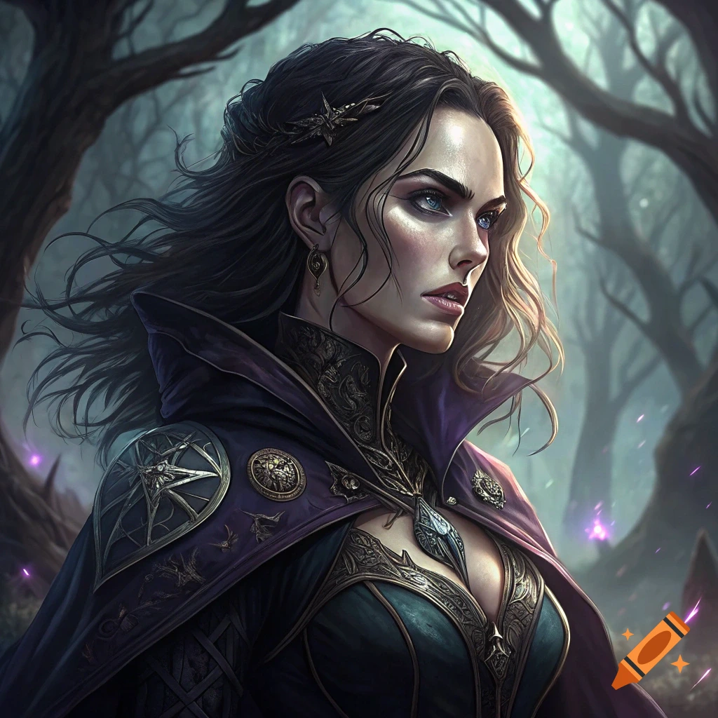 A detailed portrait of a dark fantasy sorceress in a forest.