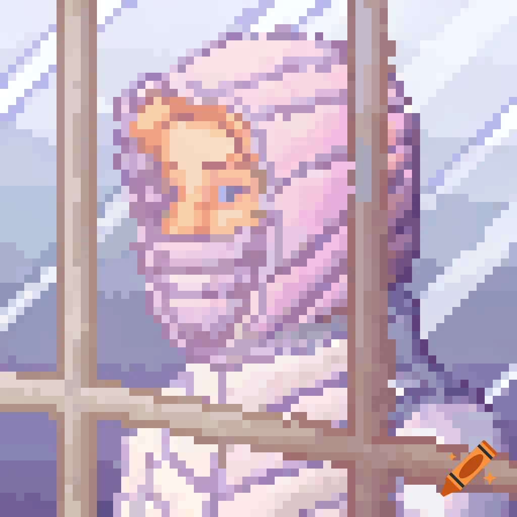 Pixel art character wrapped in light purple cloth looking through a window.