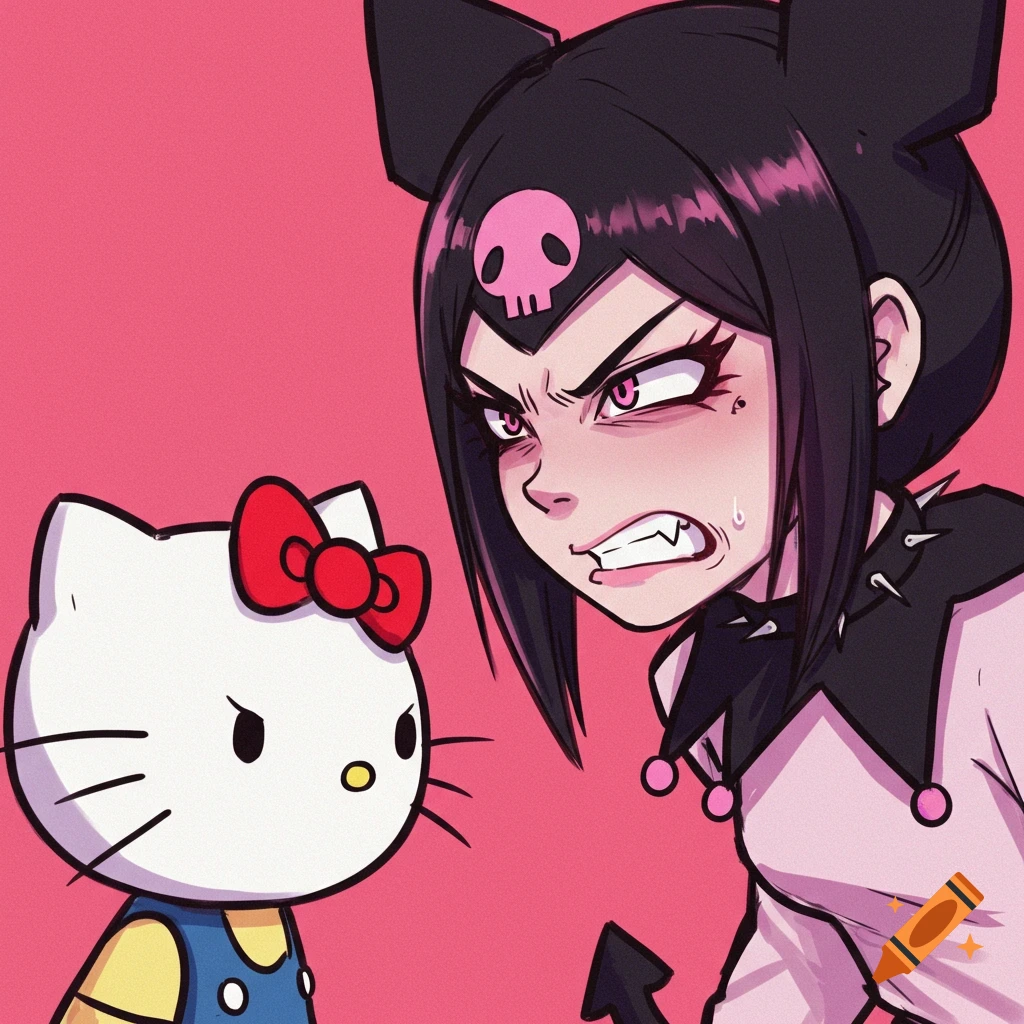 Kuromi looks mad at Hello Kitty.