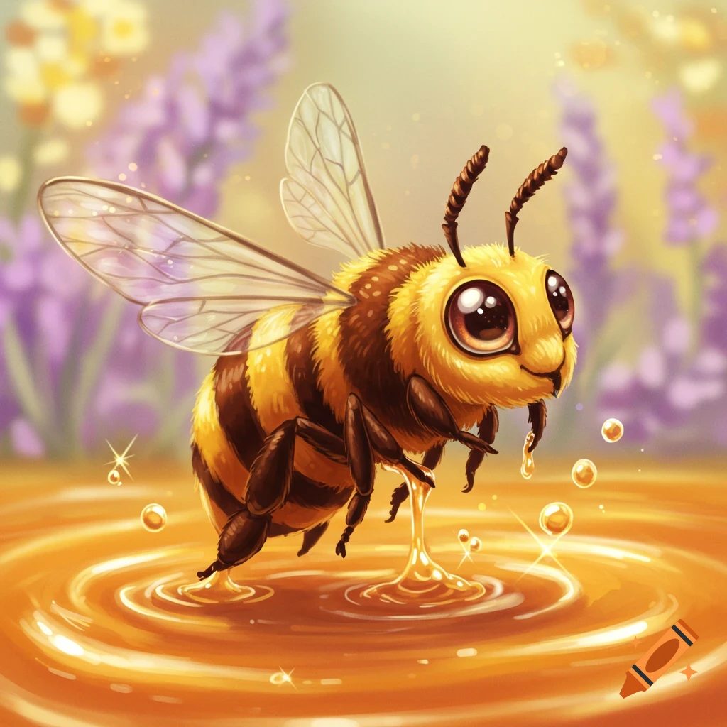 A cute cartoon bee wading in golden honey with lavender in the background.