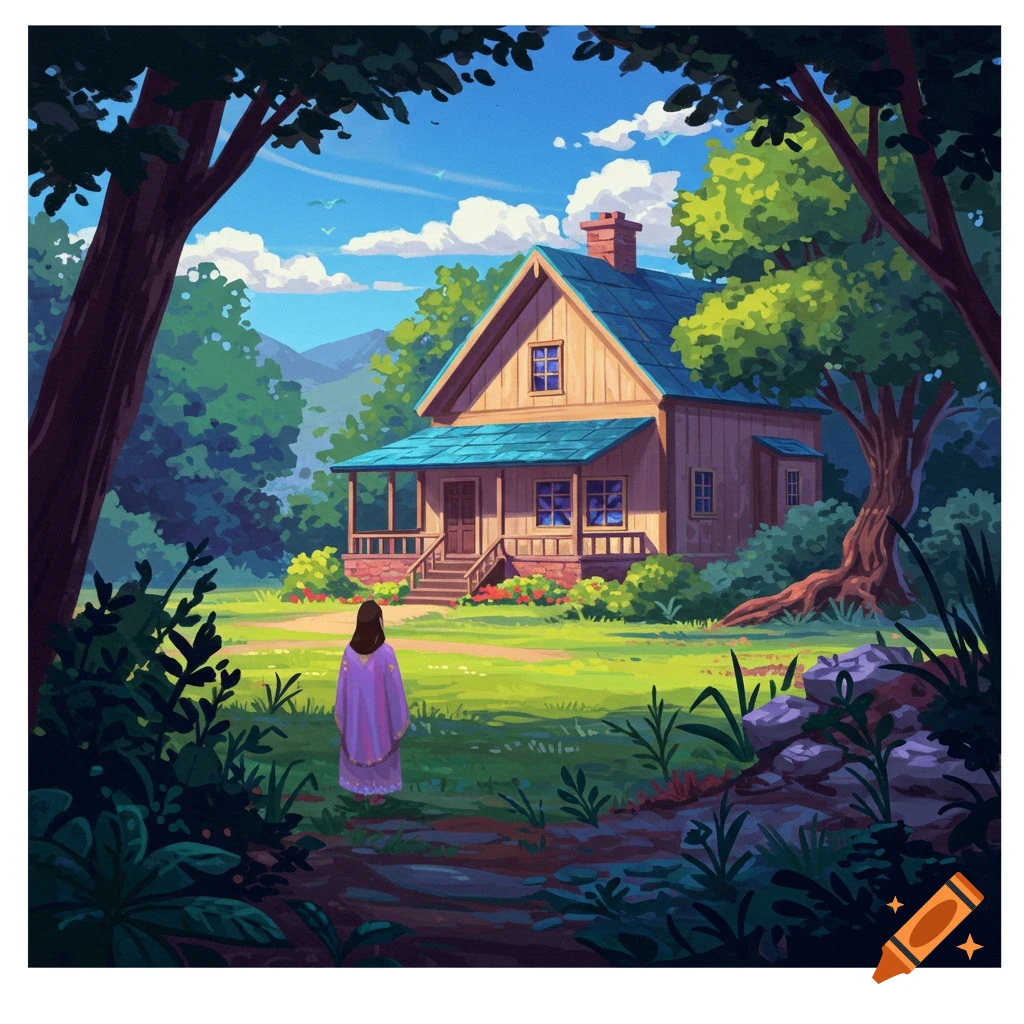 A woman is looking at a house in a forest oasis.