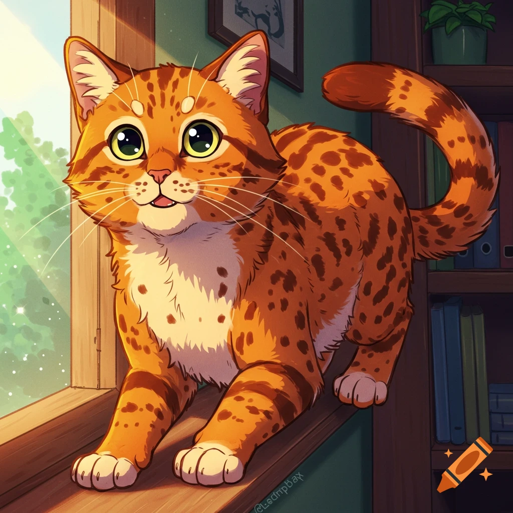 An orange speckled cat sits on a sunny window sill in anime style.