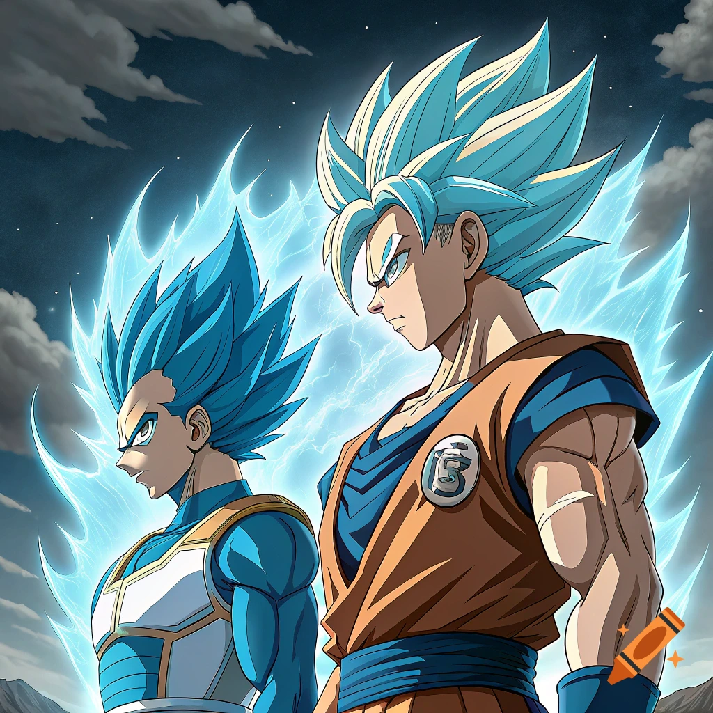 Goku and Vegeta in Super Saiyan Blue form surrounded by blue aura against a cloudy sky in anime style.