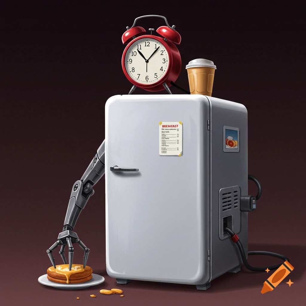 A mini fridge with an alarm clock on top. A robot arm serves pancakes, and a menu label is on the door.