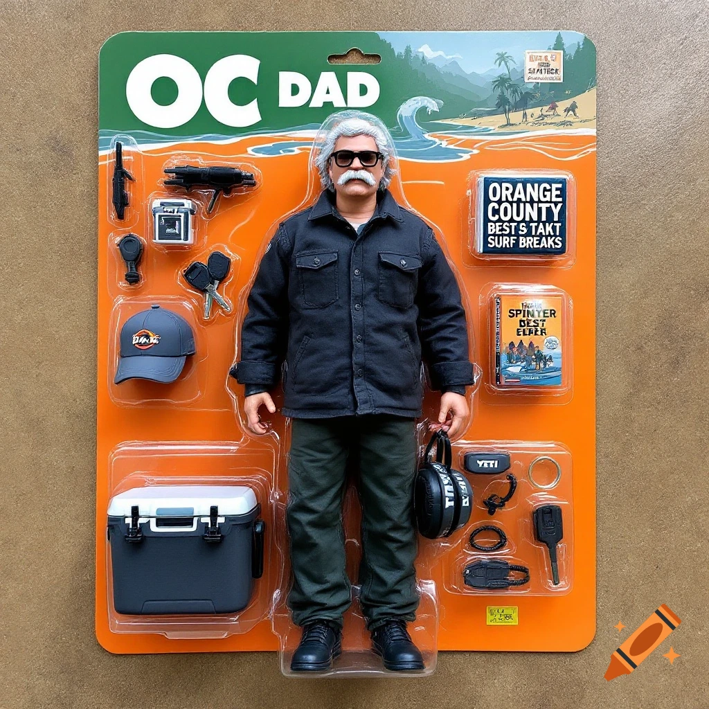 An OC Dad action figure in blister packaging with accessories including a cooler, hat, keys, and a book.