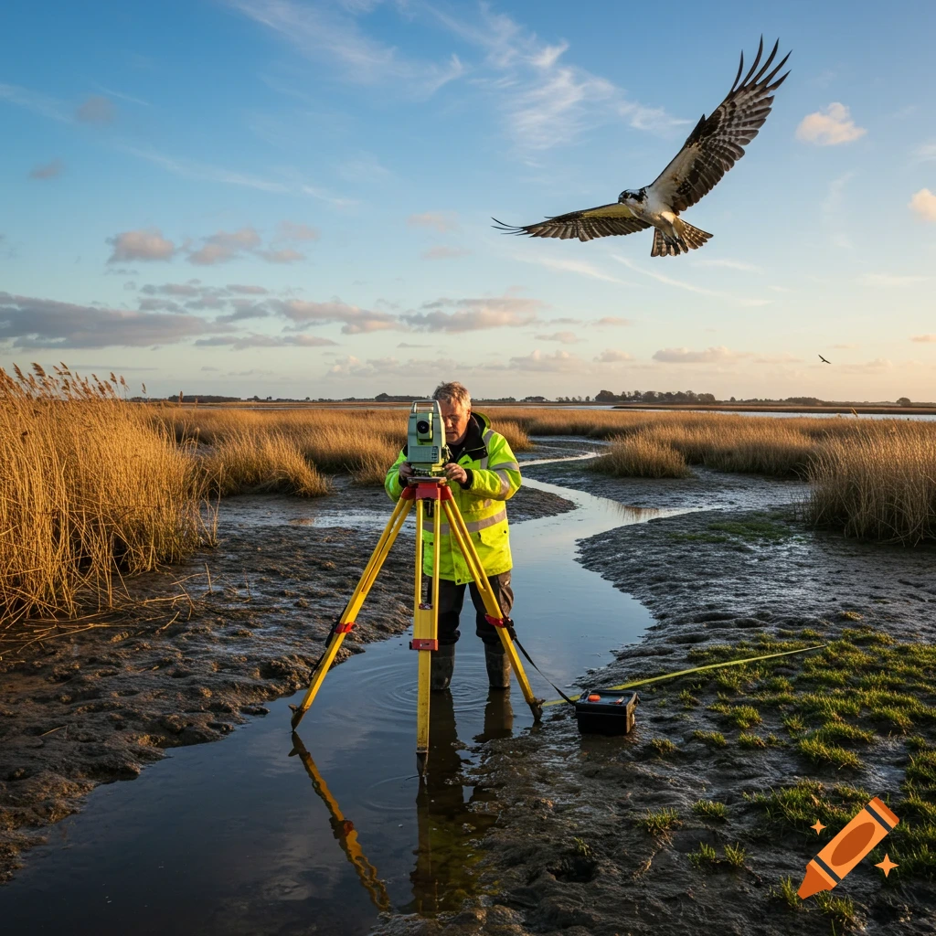 A land surveyor works in a muddy estuary as an osprey flies overhead at sunset. Photorealistic style.
