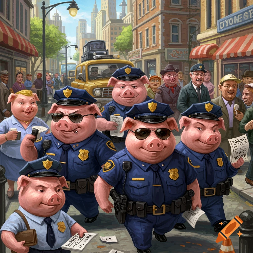 anthropomorphic pig police officers patrolling a busy city street in a cartoonish style.