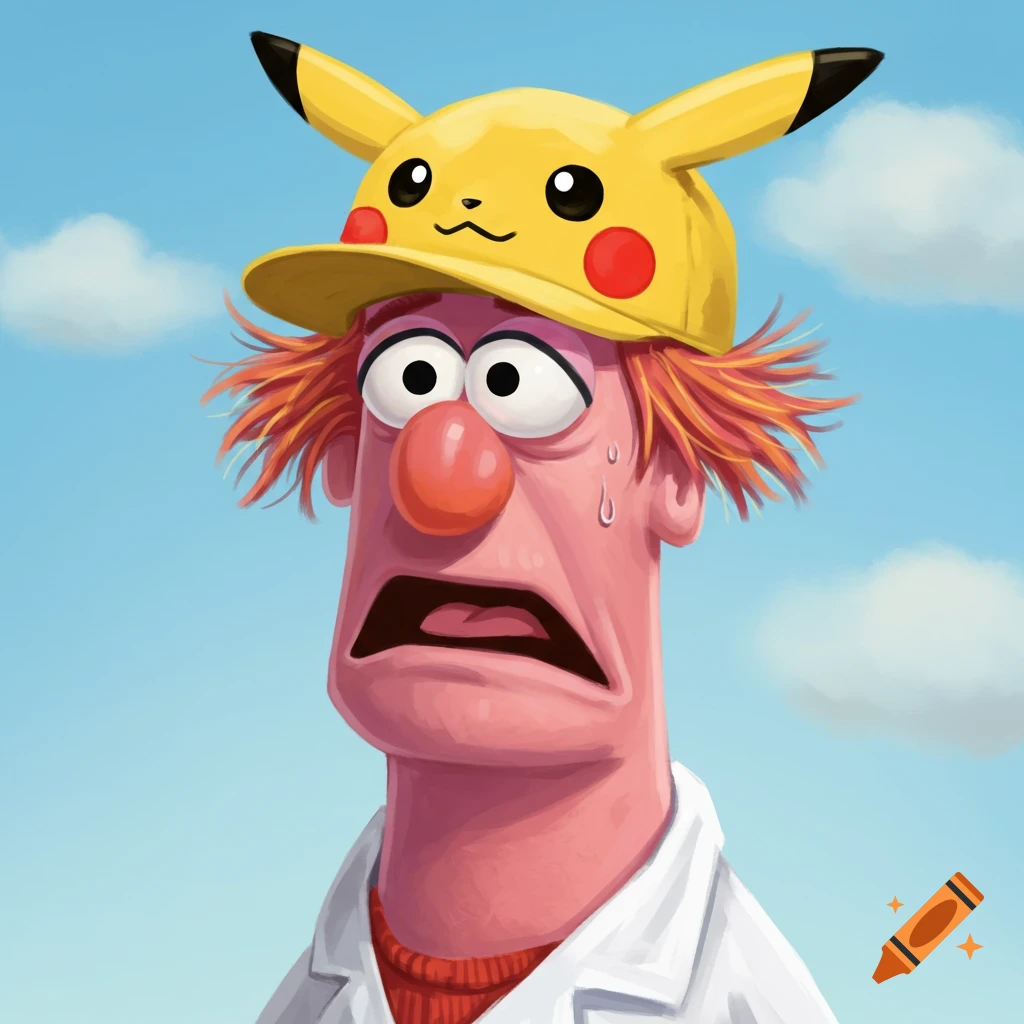 Beaker from the Muppets wearing a Pikachu hat, looking distressed and sweating.