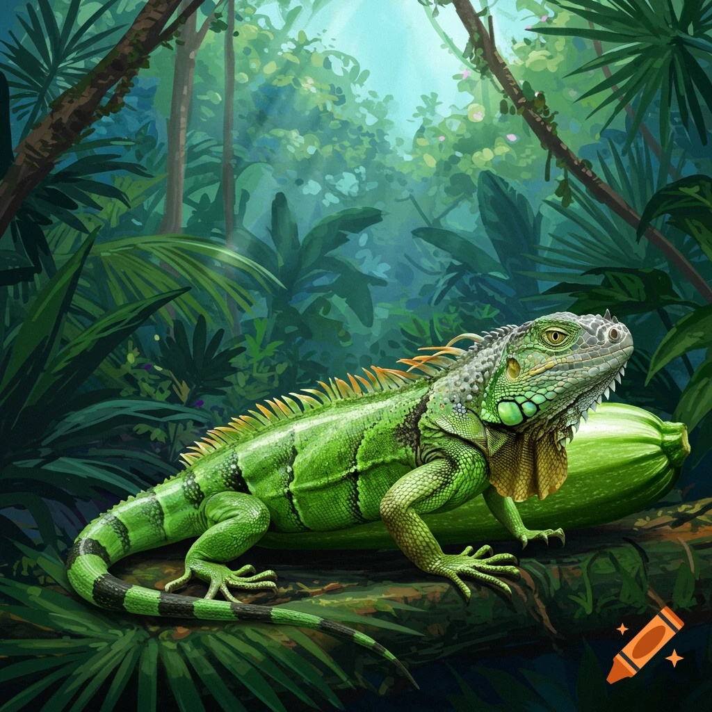 A green iguana next to a zucchini on a log in a lush jungle.