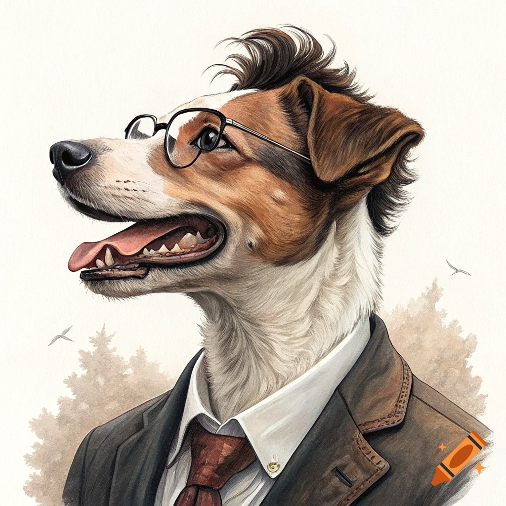 A dog wearing glasses, a shirt, tie, and suit jacket, with a watercolor background of trees.