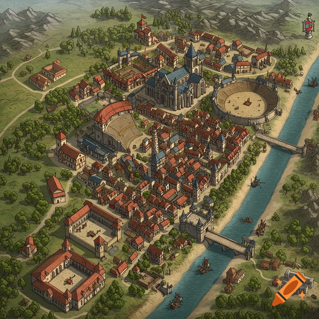 Stylized drawing of a medieval city map with river, arena, and cathedral.