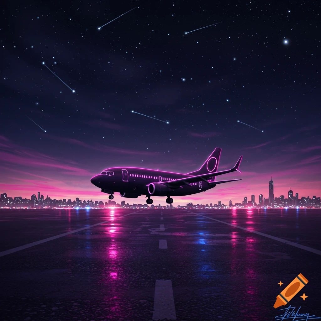 Neon outline airplane lands on wet runway at night with a retro cityscape and meteors in a cartoon style