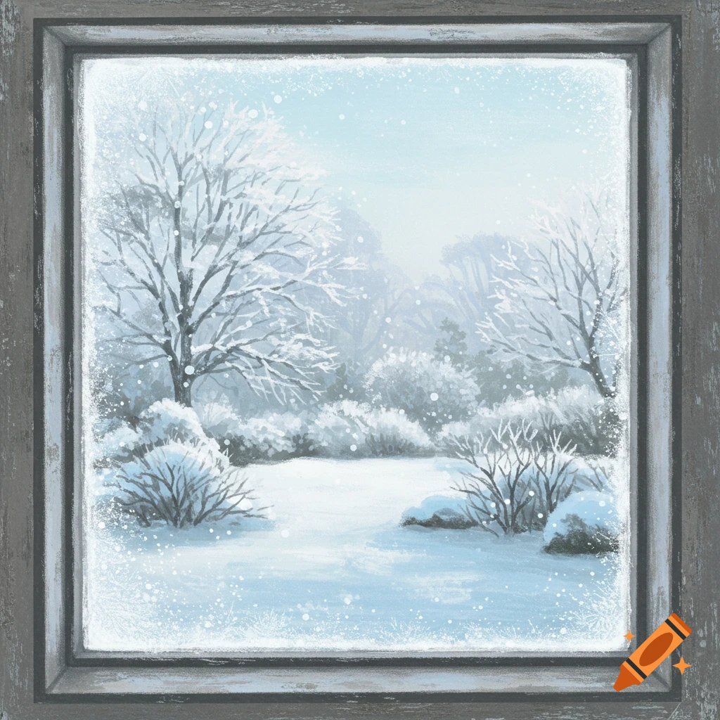 Snowy winter landscape viewed through a wooden window frame.