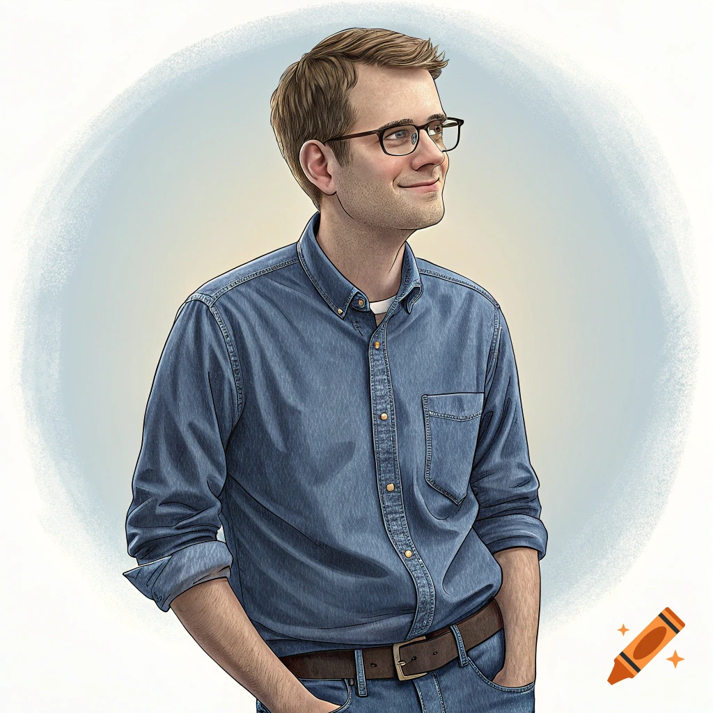 Illustration of a man in a denim shirt and glasses looking upward.