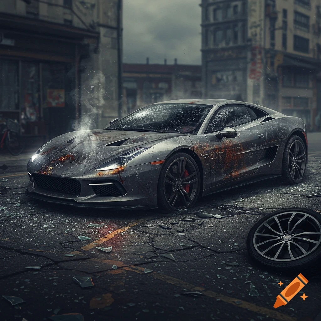 A heavily damaged luxury sports car sits on a cracked urban street with broken glass, a detached wheel, and smoke billowing from it.