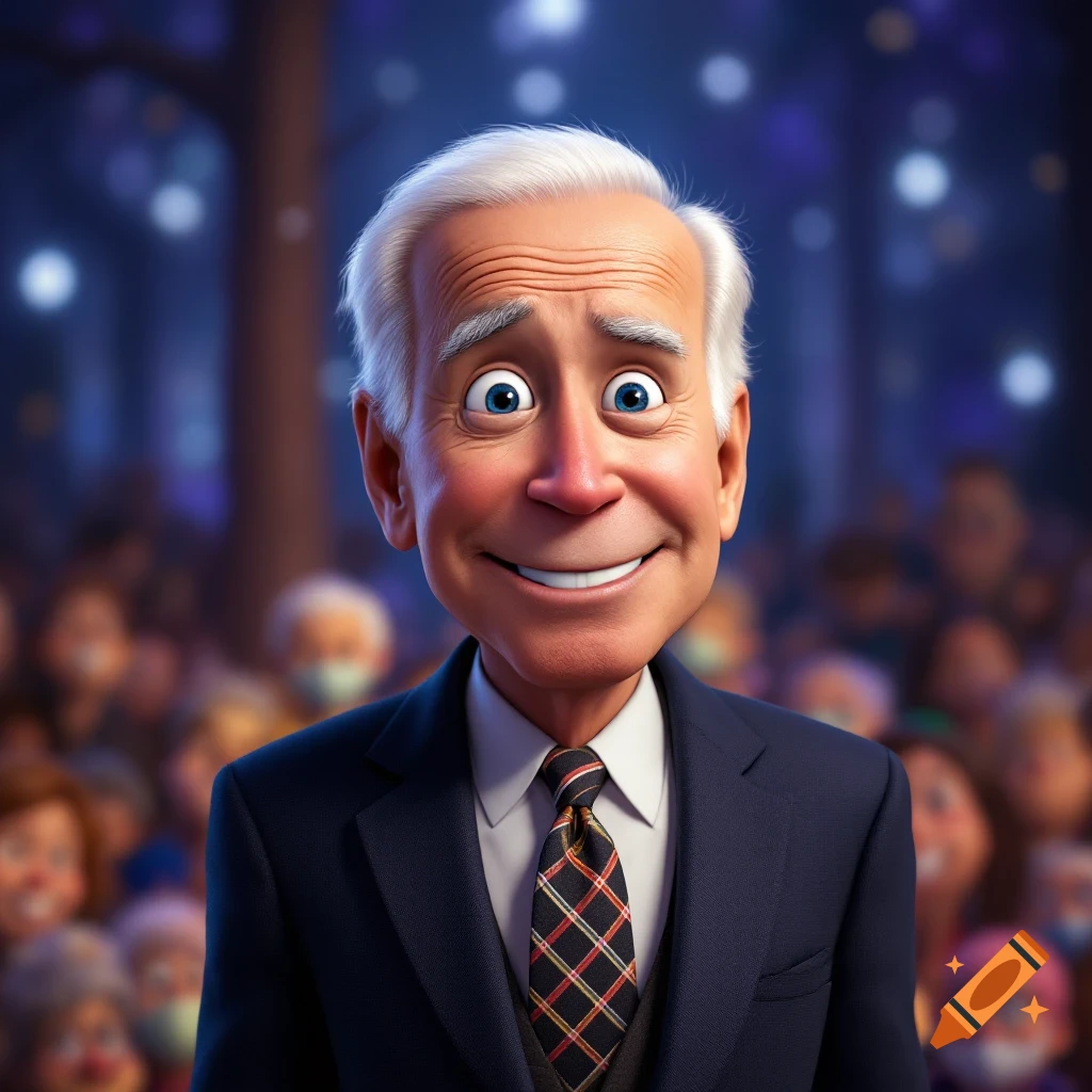 Cartoon caricature of Joe Biden in a suit, smiling, in a crowded setting.
