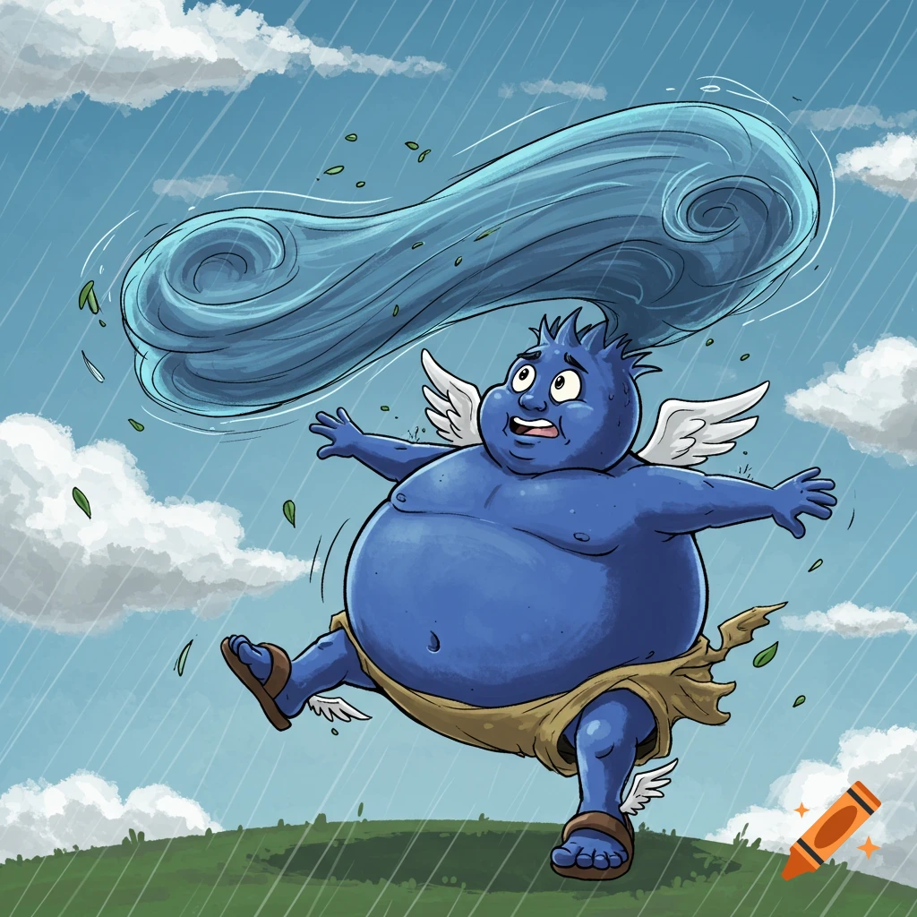 A blue cartoon creature with wings and a mohawk is swept away by strong wind and rain on a grassy hill.
