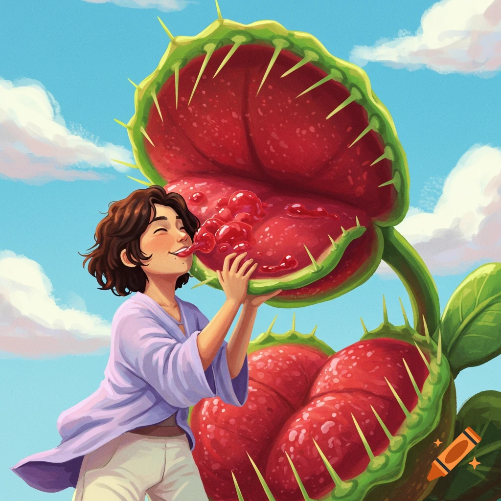 A person licks jelly from a giant venus flytrap.