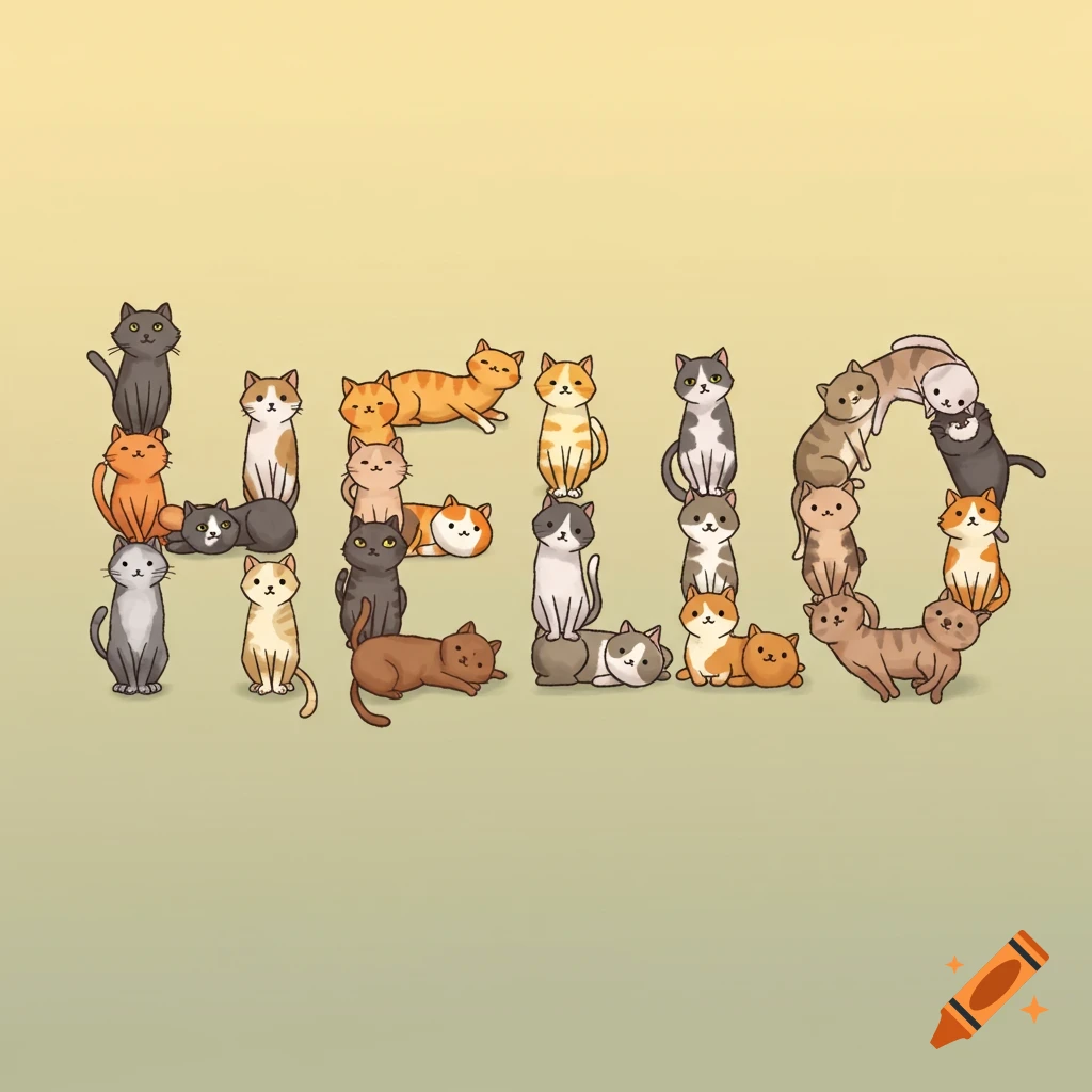 Various cats arranged to spell out the word 'hello'.