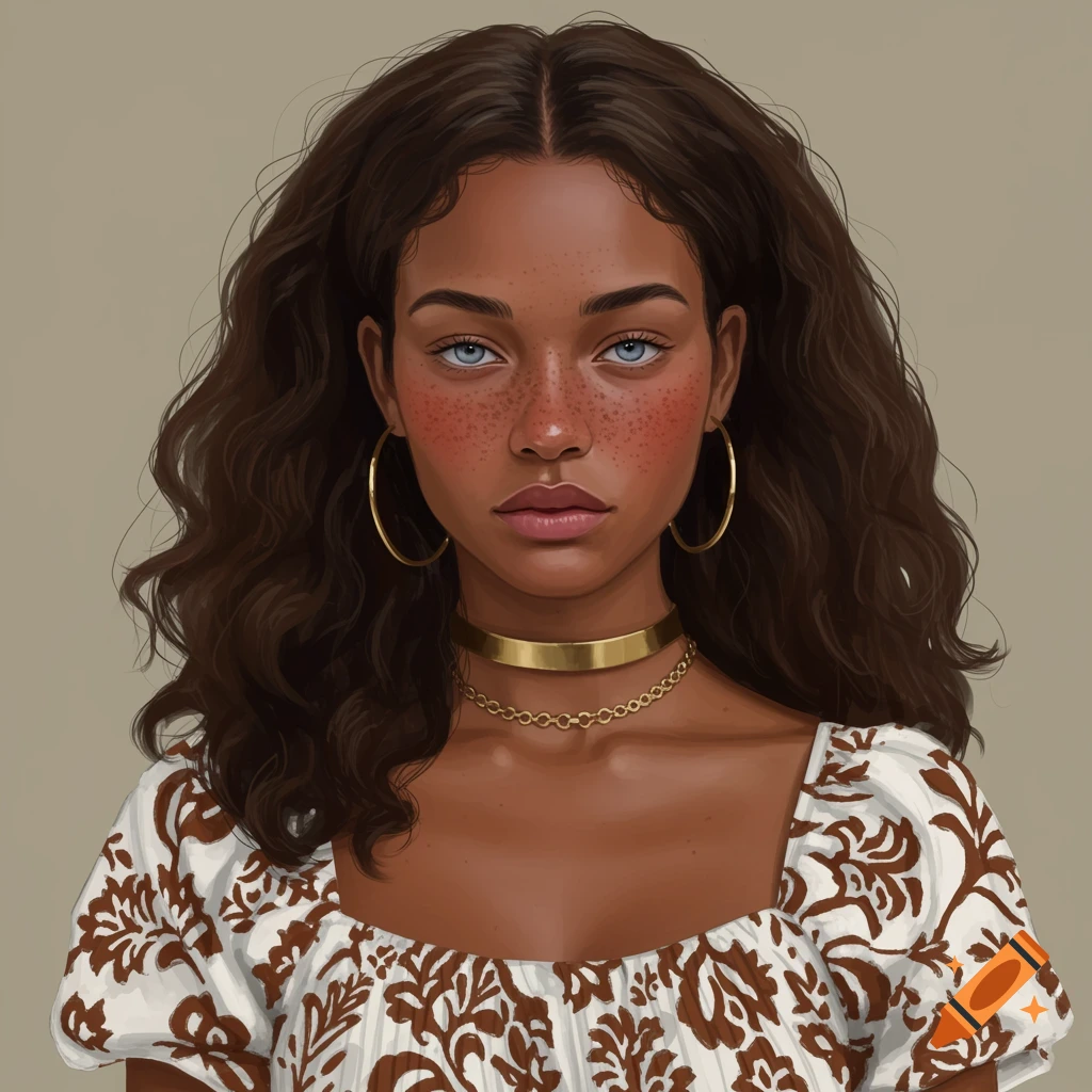 A woman with freckles, blue eyes, wavy brown hair, a gold choker, and a white and brown dress.