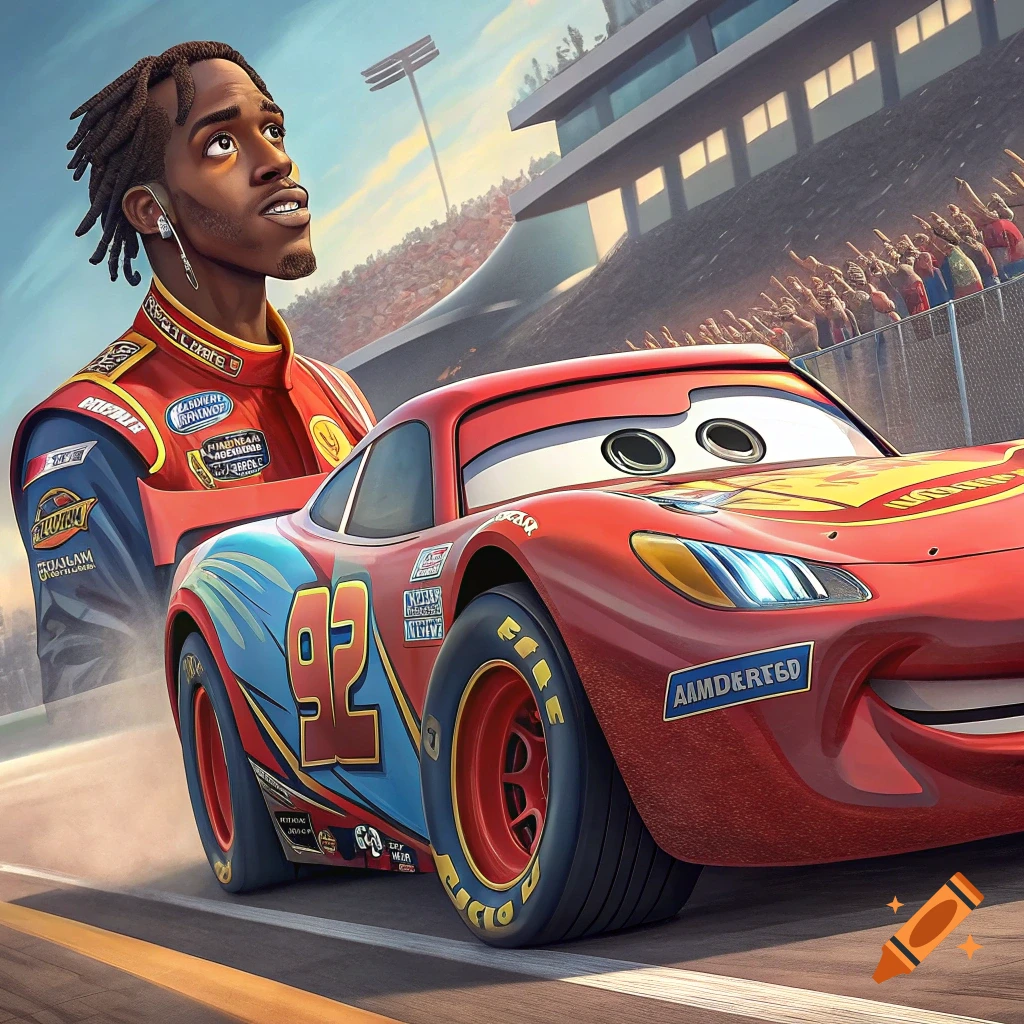 Person in racing suit next to a red cartoon race car on a track with spectators.