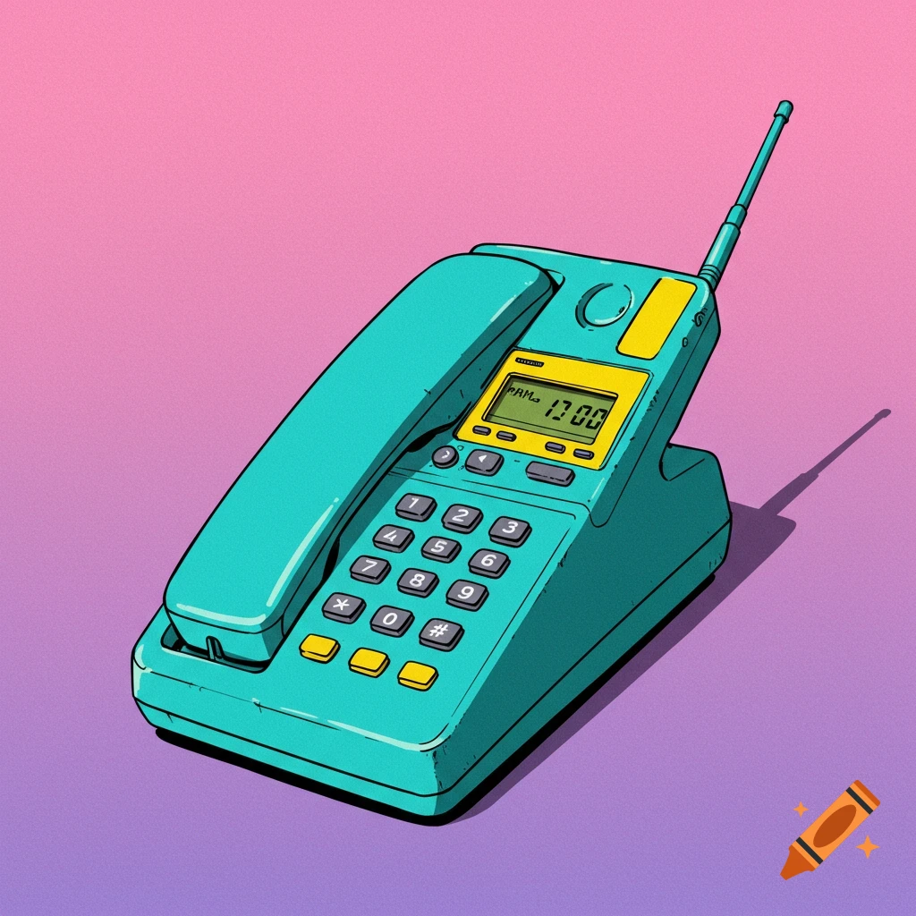 A 1990s turquoise cordless telephone with a pink and purple background.
