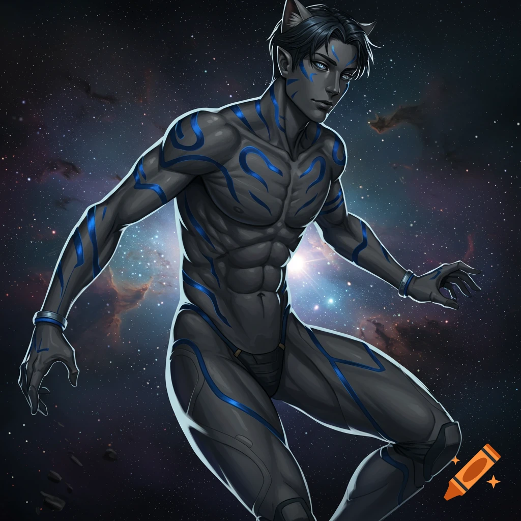 Anime style attractive male alien with blue markings in space.