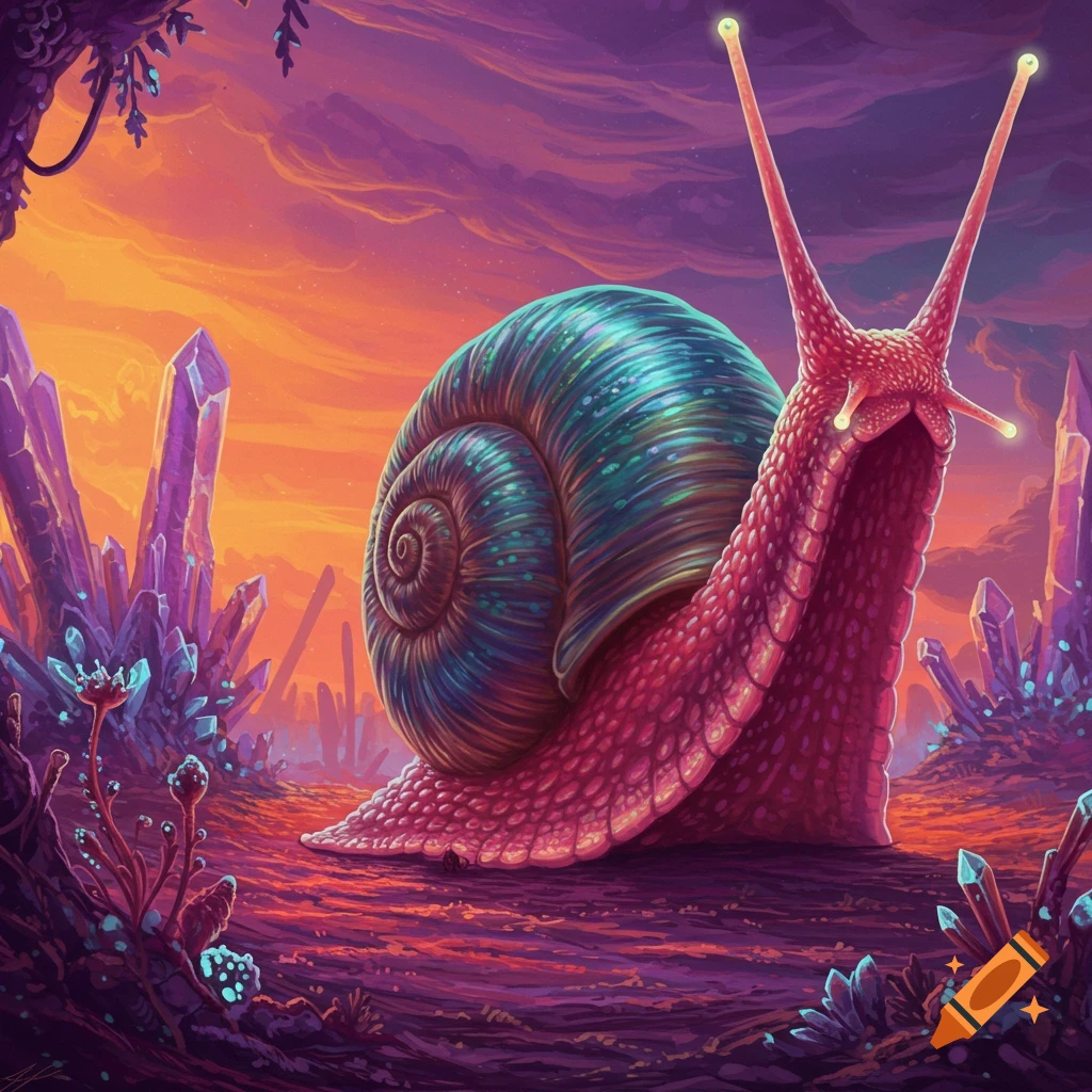 Giant red alien snail with a blue shell in a purple crystal landscape under an orange sky.