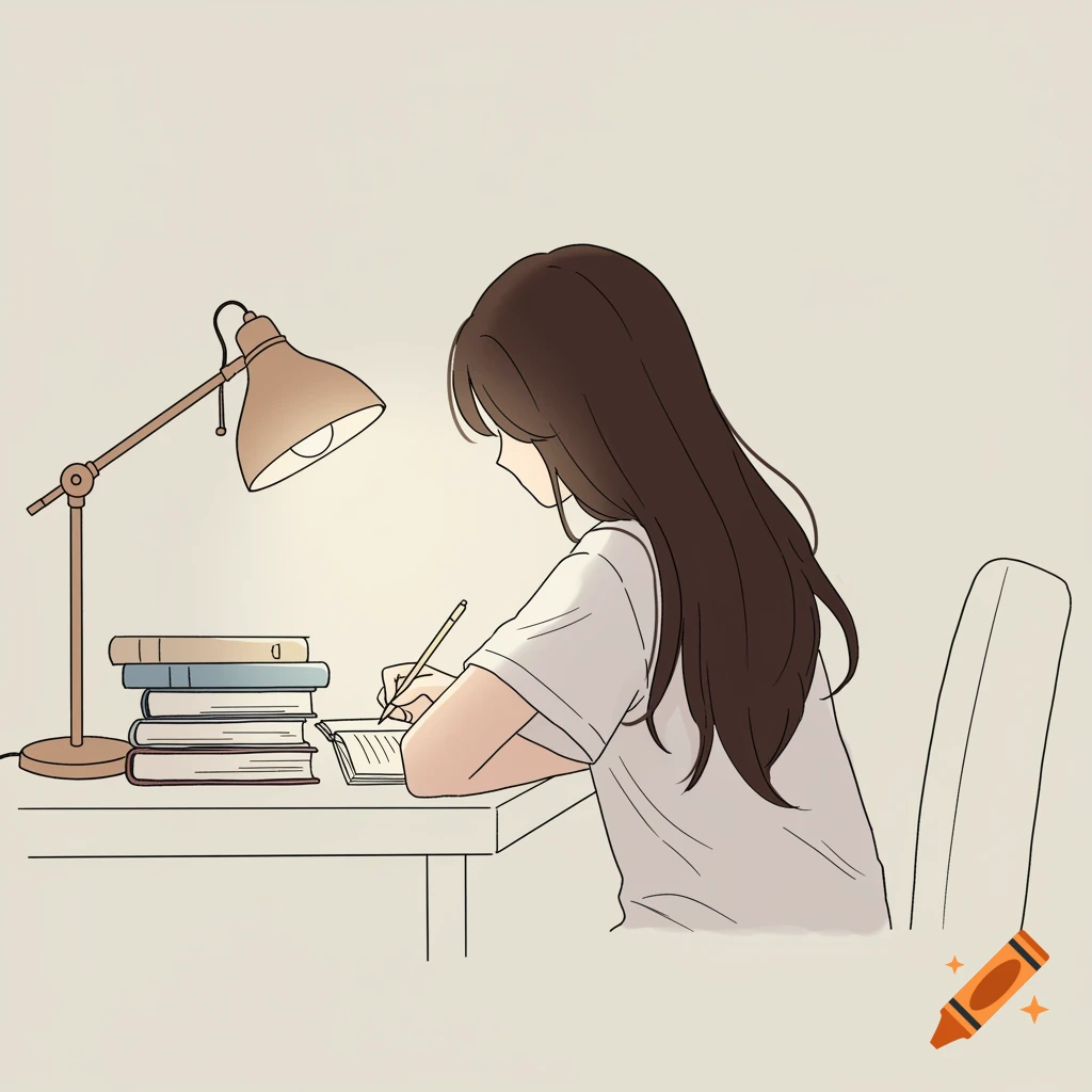 A stylized line drawing of a person with long dark hair sitting at a desk, writing in a notebook. Books and a lamp are on the desk.